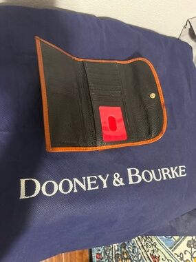 Dooney & Bourke Black Leather Trifold Wallet with Brown Trim